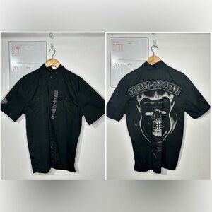 Harley-Davidson Black Short-Sleeve Button-Up Shirt with Skull Back Art